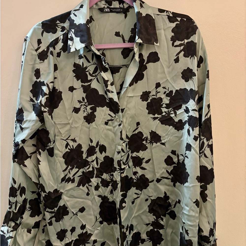 Zara Green Black Floral Button Down Blouse